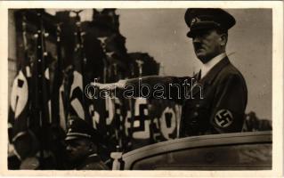 Unser Führer / Adolf Hitler. NSDAP German Nazi Party propaganda, Nazi salute, swastika flags. Horn's Sonderklasse-Fotokarte