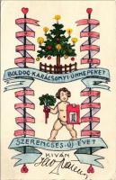 1925 Boldog karácsonyi ünnepeket és szerencsés Újévet kíván. Kézzel rajzolt / Christmas and New Year greeting art postcard, hand-drawn (EK)