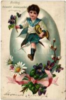 1908 Boldog húsvéti ünnepeket / Easter greeting art postcard with egg and flowers. litho (EM)