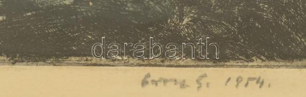 Orosz Gellért (1914-2002): Kapálók. Színezett rézkarc, papír. Jelzett. Üvegezett, kissé sérült faker...
