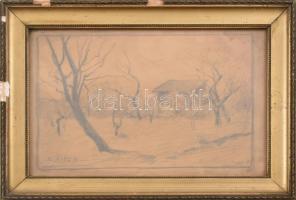 Edvi Illés Aladár (1870-1958): Kunyhó. Ceruza, karton, jelzett, foltokkal, üvegezett, sérült, keretben, 16x24 cm