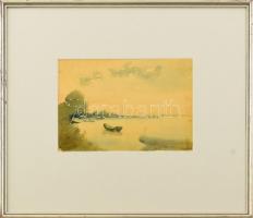 Olvashatatlan jelzéssel. Ladik a vízen, 1940. Akvarell, papír. 14,5x21 cm. Üvegezett fakeretben.