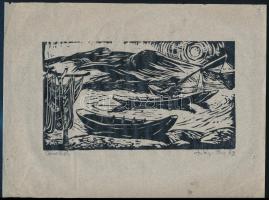Szilágyi Elek (1933-): Csónakok. Fametszet, papír. Jelzett. 11,5x20,5 cm