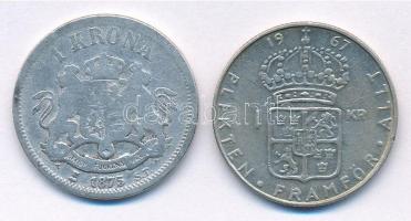 Svédország 1875ST 1K Ag "II. Oszkár" + 1967U 1K Ag "VI. Gusztáv Adolf" T:2-,3 pa...