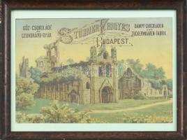 cca 1910-1920 Stühmer Frigyes Bp., gőz-csokoládé és czukoráru gyár reklám. Színes litográfia, papír. Paszpartuban, üvegezett fa keretben, kis sarokhiánnyal, 22x15 cm