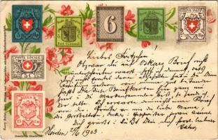 1903 Set of Swiss stamps. Henry Heller (Bern) ältestes und bedeutendstes schweiz. Briefmarkengeschäft. Art Nouveau, floral, litho (Rb)