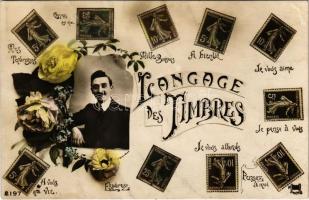 1911 Langage des Timbres / Levélbélyeg nyelv / The Language of Stamps, romantic postcard (fl)
