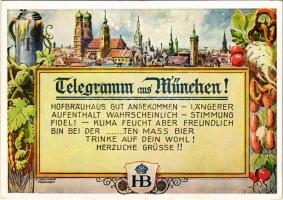 Telegramm aus München! Hofbräuhaus gut angekommen... / Munich brewery, beer, humour s: E. Anslinger