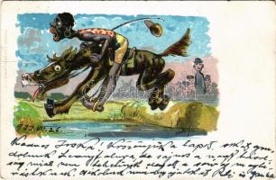 Black man riding a donkey, humour. Kunstanstalt H.A.J. Schultz litho (fa)