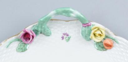 Herend 1942 virág mintás, rózsás fülestálca, rózsákon lepattanás, apró kopásnyomok, 33x25cm