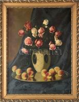 Murin Vilmos (1891-1952): Rózsás csendélet. Olaj, vászon, jelzett, sérült. Dekoratív, kissé sérült fakeretben, 80x60 cm