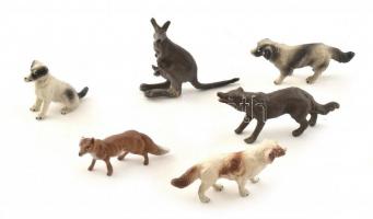Régi, 6 db állatfigura (kutya, kenguru, róka, farkas), papírmasé, festett, kopásokkal, klf. méretben.