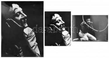 Csák Miklós (1933-2013): Marcel Marceau pantomimművész, bohóc, 3 db fotó, nagyméretű hátoldalán jelzett, sarkain törésnyomok, 40x30 és 24x18,5 (x2) cm