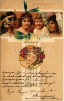 1900 Melyik a legszebb? Szecessziós művészlap hölgyekkel / Art Nouveau lady art postcard. litho (EK)