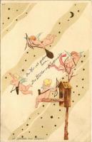 1900 La chasse aux Coeurs / angels play tennis with hearts. litho