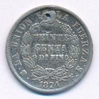 Bolívia 1874. 20c Ag T:2-,3 ly. Bolivia 1874. 20 Centavos Ag C:VF,F holed Krause KM#159.1