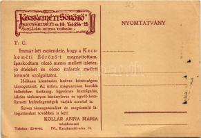 Budapest V. Kecskeméti söröző reklámlapja. Tulajdonos Kollár Anna Mária. Kecskeméti utca 14. (EB)