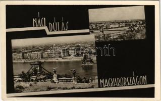 Budapest. Náci dúlás Magyarországon. Újjáépítjük Magyarországot! Magyar Újjáépítési Minisztérium engedélyével a Magyar Központi Híradó Rt. propaganda lapja a lerombolt Lánchíddal + 1947 Az Újjáépülő Közlekedés Kiállítása So. Stpl