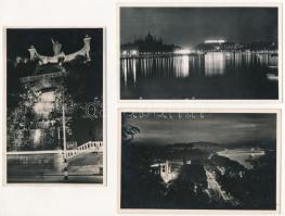 Budapest éjjel, kivilágítva - 3 db régi képeslap (Duna, Gellért szobor)