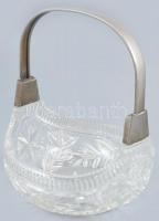 Üveg kínáló, fém fogóval, kopásnyomokkal, d: 19 cm, m: 26 cm