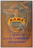 ~1930. "K.A.M.C. (Közép-magyarországi Autó- és Motor Club) - I. Nemzeti Autos Gyorsasági Körverseny" részben zománcozott bronz díjplakett "BERÁN N / BUDAPEST DÖBRENTEI U. 2." gyártói jelzéssel (95x66mm) T:2 patina / Hungary ~1930. "K.A.M.C. (Közép-magyarországi Autó- és Motor Club) - 1st National Automobile Speed Race" partially enamelled bronze award plaque with "BERÁN N / BUDAPEST DÖBRENTEI U. 2." maker's mark (95x66mm) C:XF patina