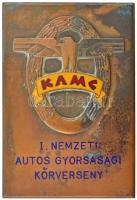 ~1930. K.A.M.C. (Közép-magyarországi Autó- és Motor Club) - I. Nemzeti Autos Gyorsasági Körverseny részben zománcozott bronz díjplakett BERÁN N / BUDAPEST DÖBRENTEI U. 2. gyártói jelzéssel (95x66mm) T:2 patina / Hungary ~1930. K.A.M.C. (Közép-magyarországi Autó- és Motor Club) - 1st National Automobile Speed Race partially enamelled bronze award plaque with BERÁN N / BUDAPEST DÖBRENTEI U. 2. makers mark (95x66mm) C:XF patina