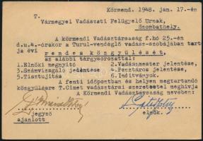 1948 Körmend, A körmendi Vadásztársaság közgyűlési meghívója, postázva