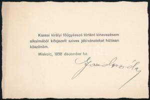 1938 Miskolc, Gazdy Béla köszönőkártyája kassai főügyészi kinevezése alkalmából
