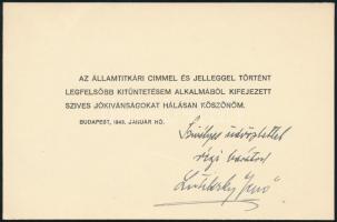 1943 Bp., Lutilszky Jenő köszönőkártyája államtitkári kinevezése alkalmából
