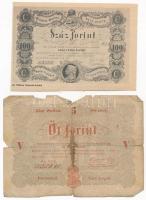1848. 5Ft Kossuth bankó vörösesbarna RUk 335041 + 1848. 100Ft másolat újságkivágásból T:III- szakadások, fo. Adamo G109