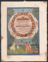 1916 A Jövő Kertje az Érdekes Ujság gyermekszépségversenyének elismerő oklevele, jelzett a nyomaton (Pólya Tibor (1886-1937)), foltos, papírra ragasztva, a papír másik felén egy plusz papír, rajta javításnyomokkal, a belső oldalakon azonosítatlan személy rajzaival, munkáival, 27x18 cm, lap: 34x26 cm