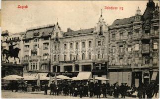 1910 Zagreb, Zágráb; Jelacicev trg, Anker, Zubar Rado, Dr. Dimovic, F. Rudovits, Leop. Schwarz, Hrvatska Banka / tér, üzletek, horvát bank / square, Croatian bank, shops