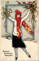 1927 Kellemes karácsonyi ünnepeket! / Italian lady art postcard with Christmas greeting. Ballerini & Fratini 219. s: Chiostri