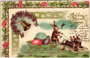 1902 Boldog húsvéti ünnepeket! / Easter greeting art postcard with rabbits, eggs and sled. Art Nouveau, Emb. litho (szakadás / tear)