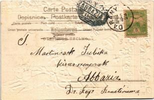 1902 Boldog húsvéti ünnepeket! / Easter greeting art postcard with rabbits, eggs and sled. Art Nouve...