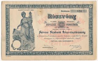 Hatvan 1939. Hatvani Népbank Részvénytársaság részvénye 100P-ről, szelvényekkel T:III kis papírhiányok, szakadások, foltok