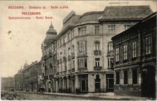 1909 Pozsony, Pressburg, Bratislava; Stefánia út, Deák szálloda / street view with hotel and shops (EK)