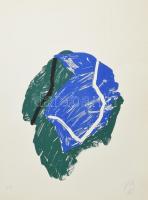 Bér János (1937-2021): Zöld-kék kompozíció, 1992. Szitanyomat, papír, jelzett, művészpéldány E.A. jelzéssel. Lapméret: 65×50 cm / Screenprint on paper, signed, artists proof.