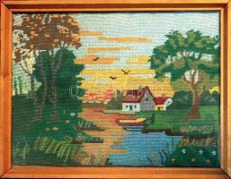 Vidéki napsütötte tájat ábrázoló goblein, keretben, 47x37cm-es méretben