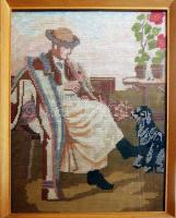 Szalonnázó juhász bodrikutyájával goblein, keretben, 46x37cm-es méretben