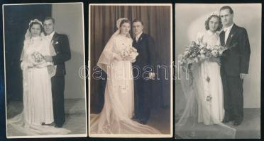 1939-1970 Friss házasok, 6 db esküvői fotó, hátoldalukon feliratozva / pecséttel, 14x9 cm körül