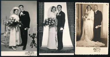 1939-1970 Friss házasok, 6 db esküvői fotó, hátoldalukon feliratozva / pecséttel, 14x9 cm körül