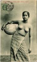 1908 Ceylon (Sri Lanka), Singhalese Girl carrying water chatty, half-naked woman (EK)