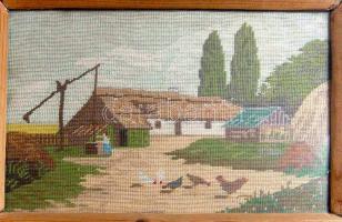 Tanyasi világ életképét ábrázoló goblein, keretben, 48x38cm-es méretben