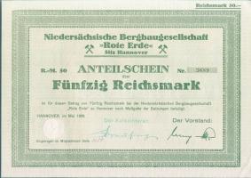 Német Birodalom/Weimari Köztársaság 1926. "Alsó-szász Bányatársaság-Rote Erde" részvénye 50RM-ról