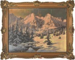 Grotkowsky, Jan (1902-1961): Tátrai havas hegycsúcsok. Olaj, vászon. Jelzett. Sérült. Dekoratív, sérült fakeretben. 60x80 cm / Grotkowsky, Jan (1902-1961): Snowy Tatry. Oil on canvas. Signed lower right. Damaged. In damaged frame. 60x80 cm