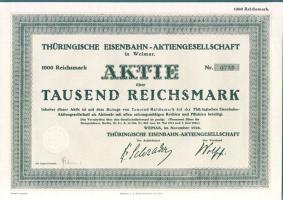 Német Birodalom/Weimari Köztársaság 1926. "Thüringiai Vasút Részvénytársaság" részvénye 1000RM-ról, szelvénnyel