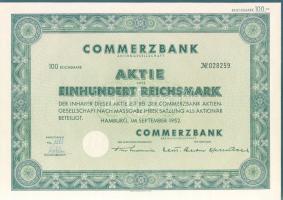 NSZK 1952. "Commerzbank Részvénytársaság" részvénye 100M-ról, szelvényekkel