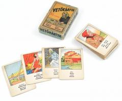 Vetőkártya (jóskártya), 32 lapos, Gáti J. Litográfia Bp., 1930-1950 körül. Eredeti dobozában, korának megfelelő állapotban, néhány sérült lappal.