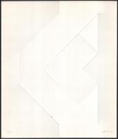 Bányász Éva (1956): Hajtogatott geometrikus mű (cím nélkül), 1982. Szitanyomat, papír, jelzett. Számozott: 130/105. Az 1982-ben megjelent 12 Artisti Ungheresi mappából. 35x29,5 cm. Lap alján egészen apró folttal.